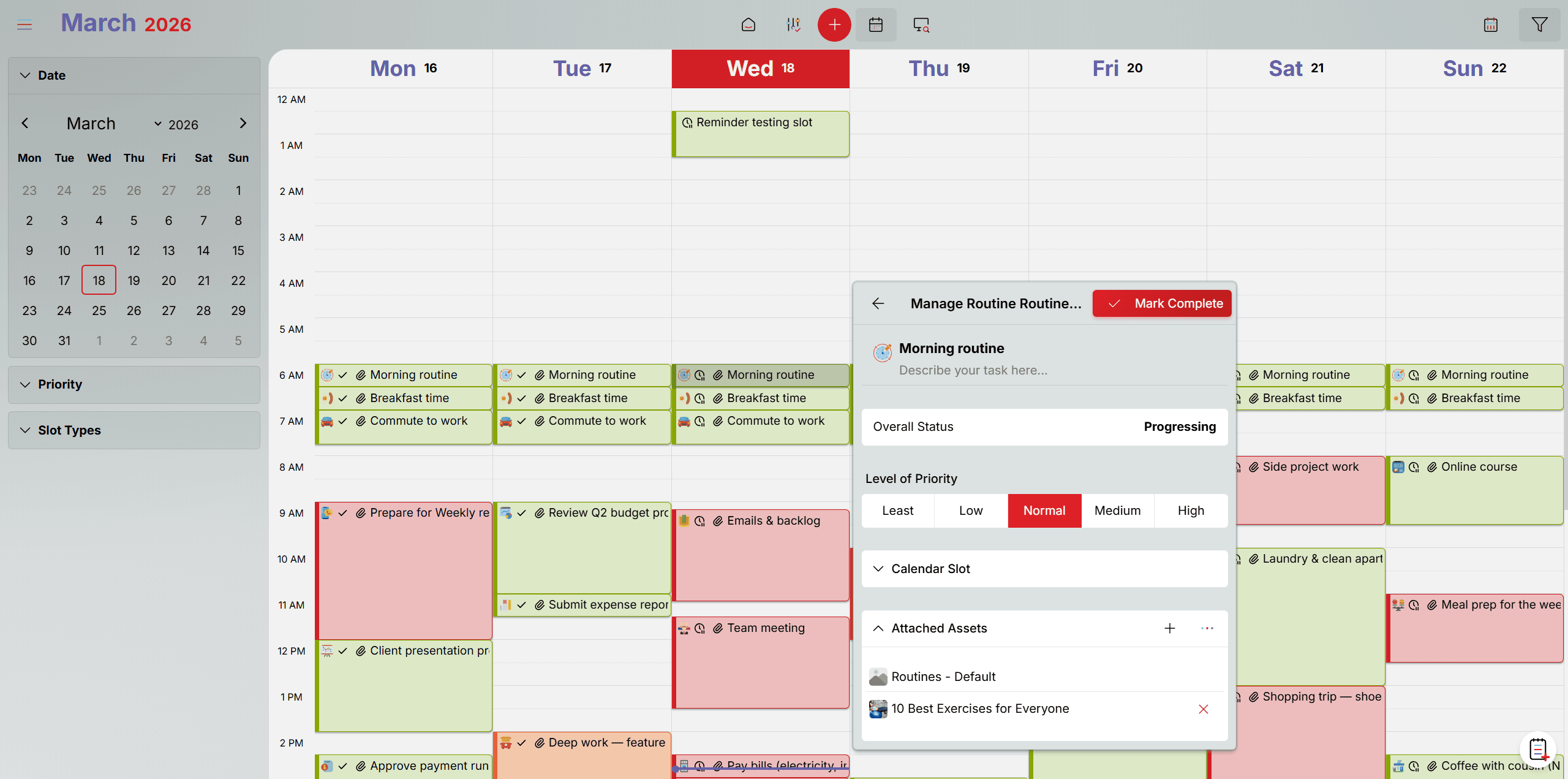 Oddapy Calendar showing goals, notes, and shopping list items organized by day and time