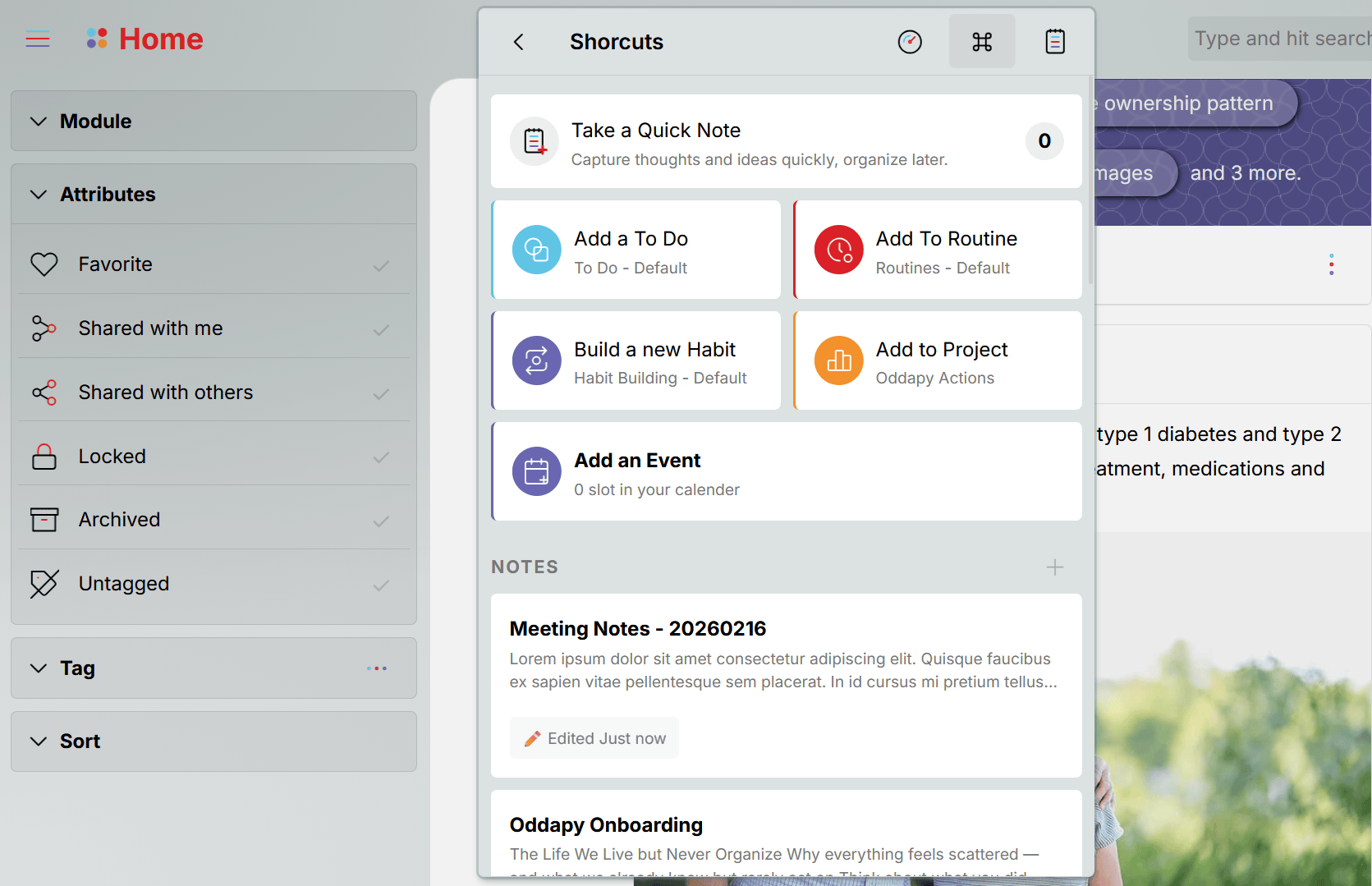 Oddapy Launch Pad Shortcuts page with pinned To Do, Routines, and Habits goals for quick task creation