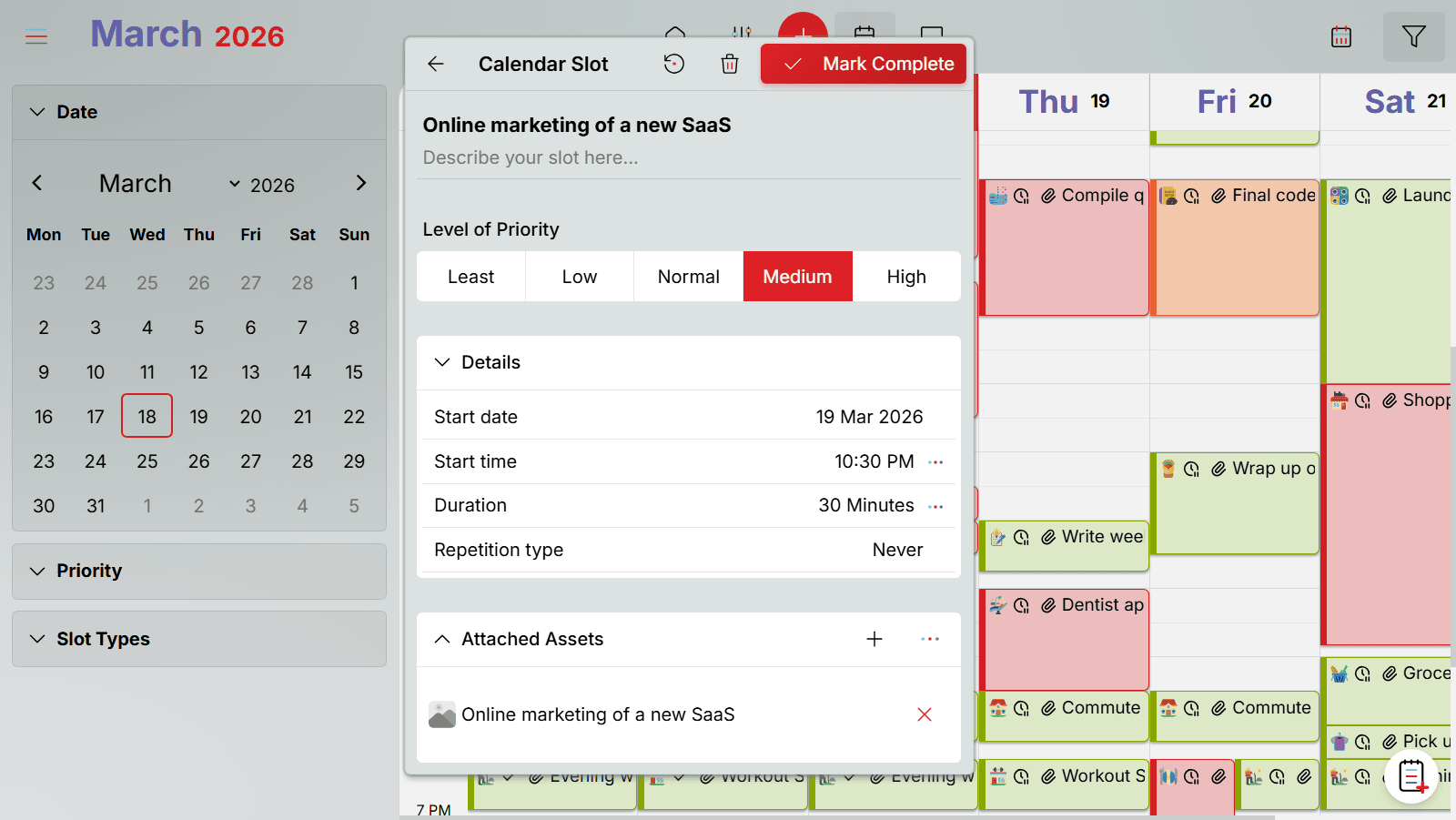 Oddapy note attached to a calendar event slot showing the note content linked to a scheduled time block