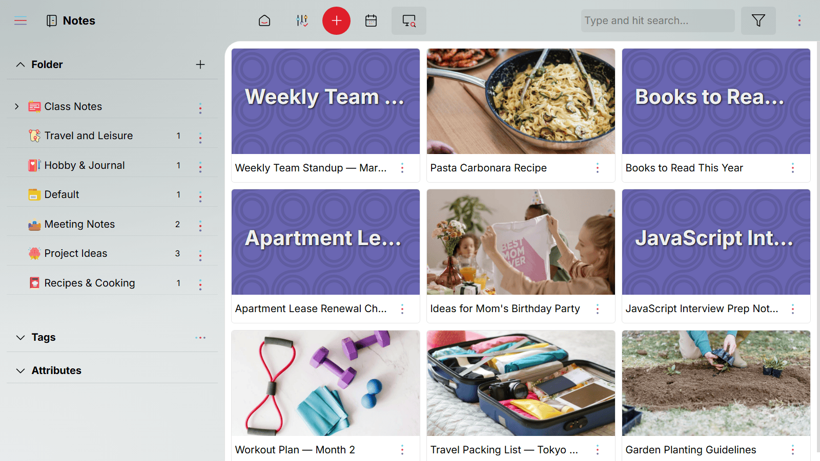 Oddapy Notes explorer showing formatted notes organized by folders and tags with rich text previews