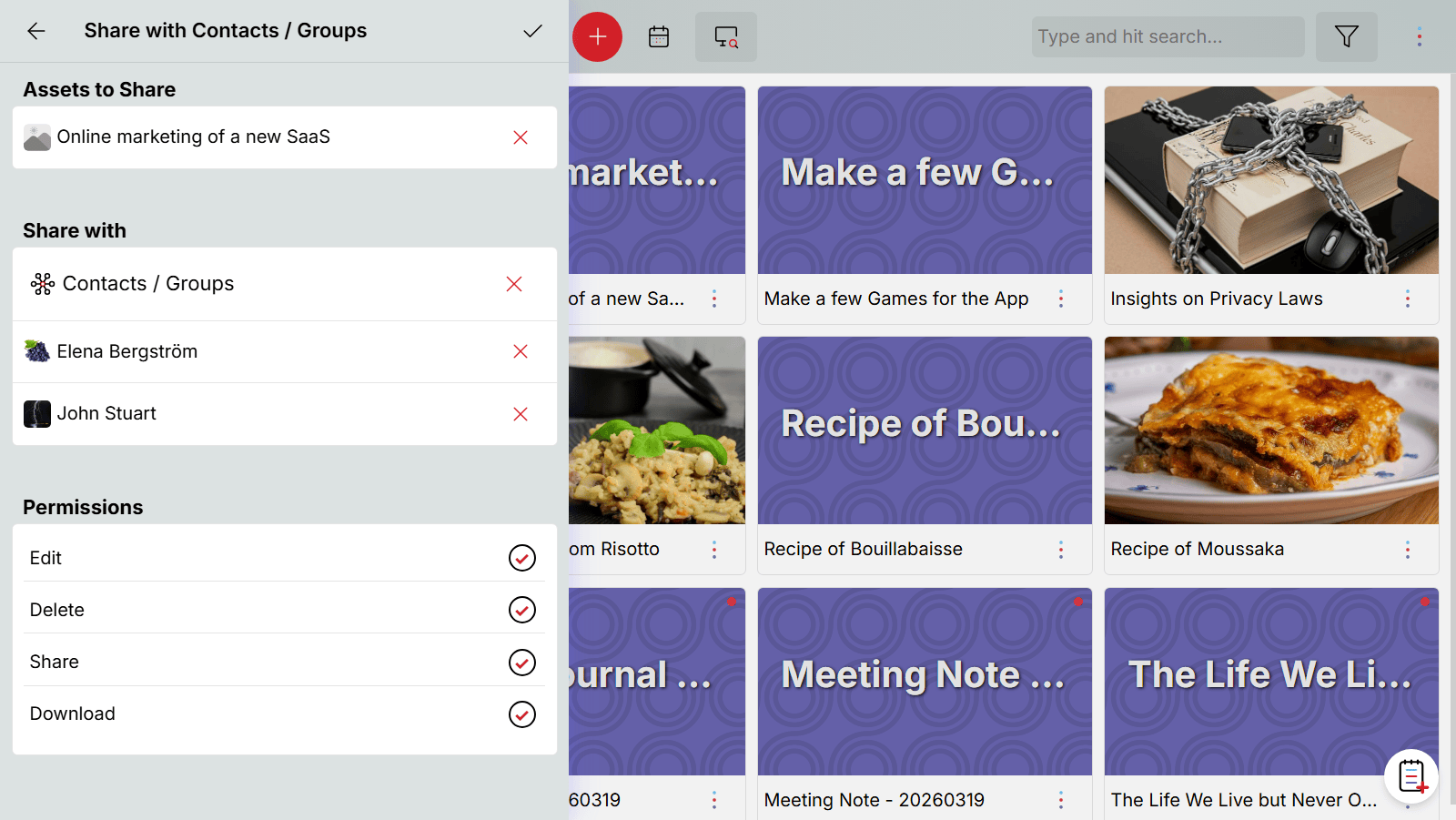 Oddapy Notes sharing dialog with granular Edit, Delete, Share, and Download permission toggles