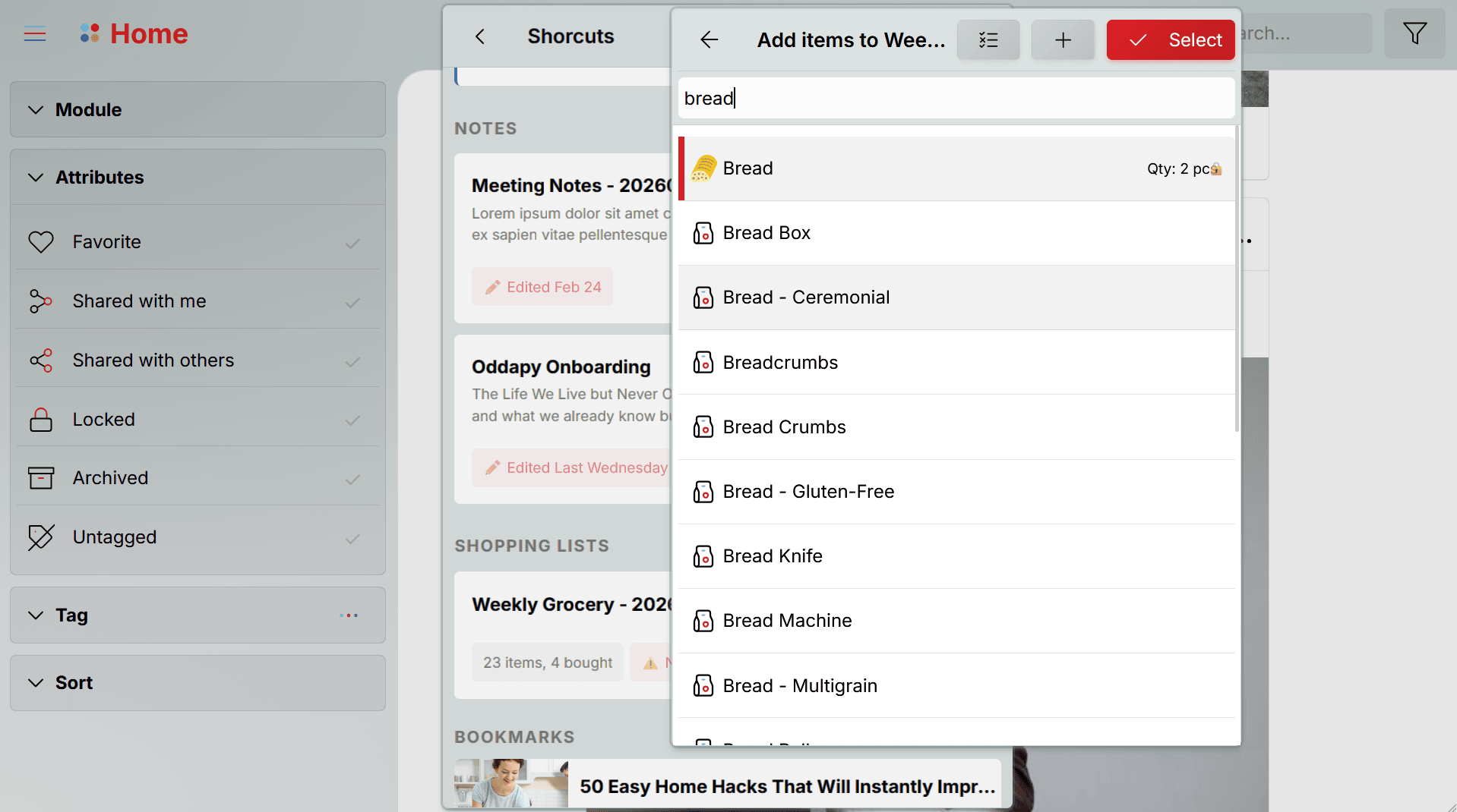 Oddapy Shopping — item selection from 4,500+ items